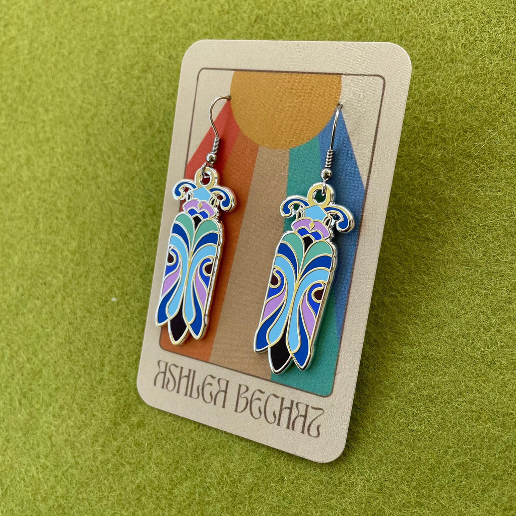 Enamel Earrings - Art Nouveau Beetles Cool Tone