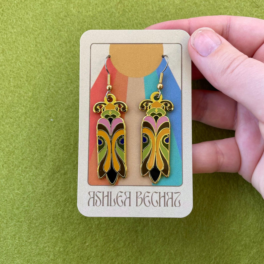 Enamel Earrings - Art Nouveau Beetles Warm Tone