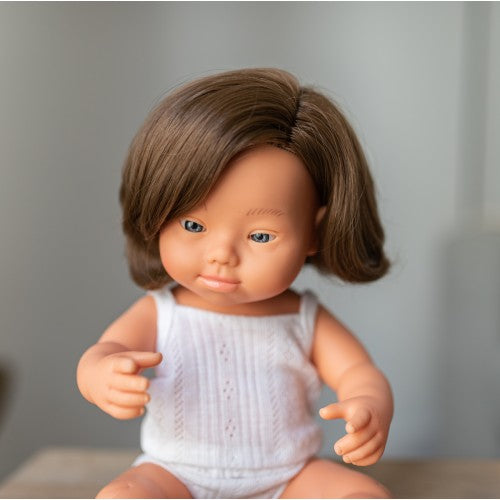 Miniland Doll - Caucasian Girl with Downs Syndrome - Brunette 38cm