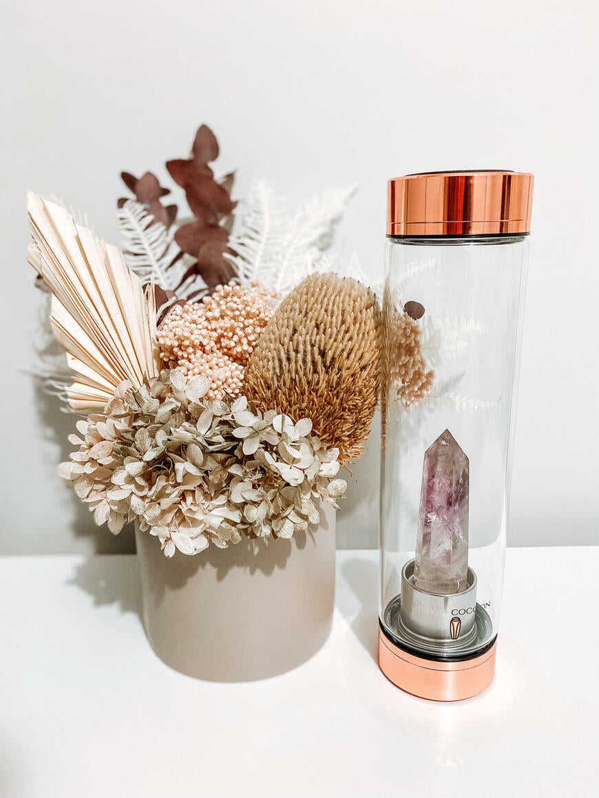 Crystal Elixir Glass Water Bottle (Rose Gold) - Amethyst