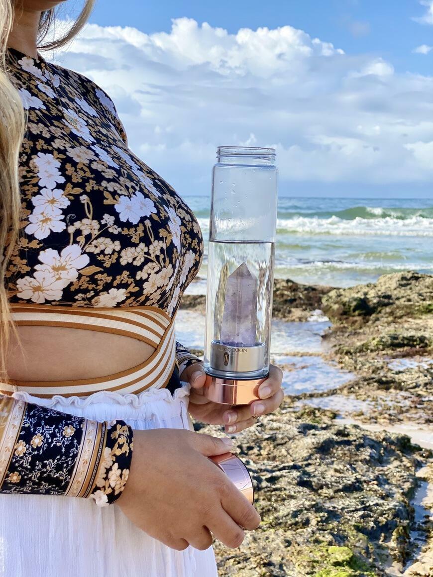 Crystal Elixir Glass Water Bottle (Rose Gold) - Amethyst